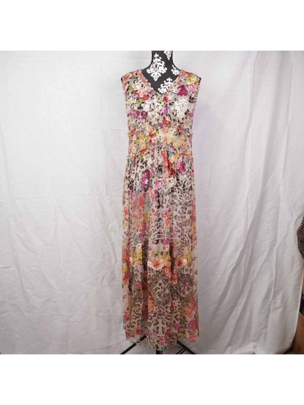Johnny Was Mazzy Boxy Shirred Dress Sz Small Floral Animal Print Leopard No Slip - Picture 2 of 15